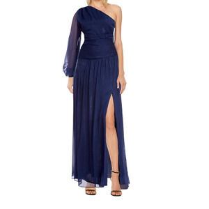 Jewel by Badgley Mischka Alice long sleeve one shoulder gown dress blue size 6
